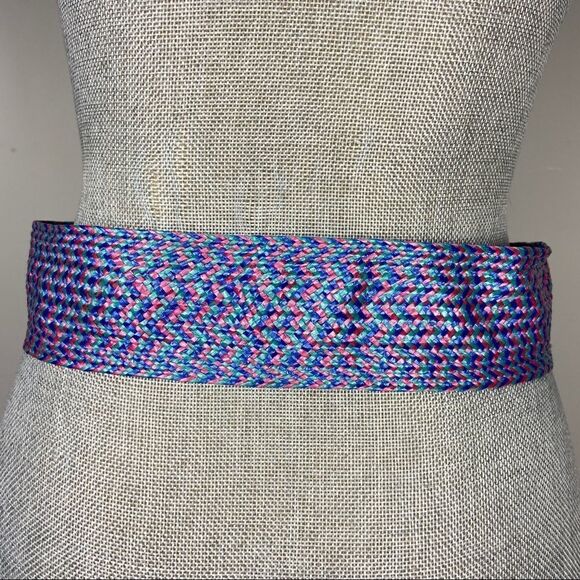 Long bright pink teal blue 80s 90s braided belt. - Picture 3 of 5